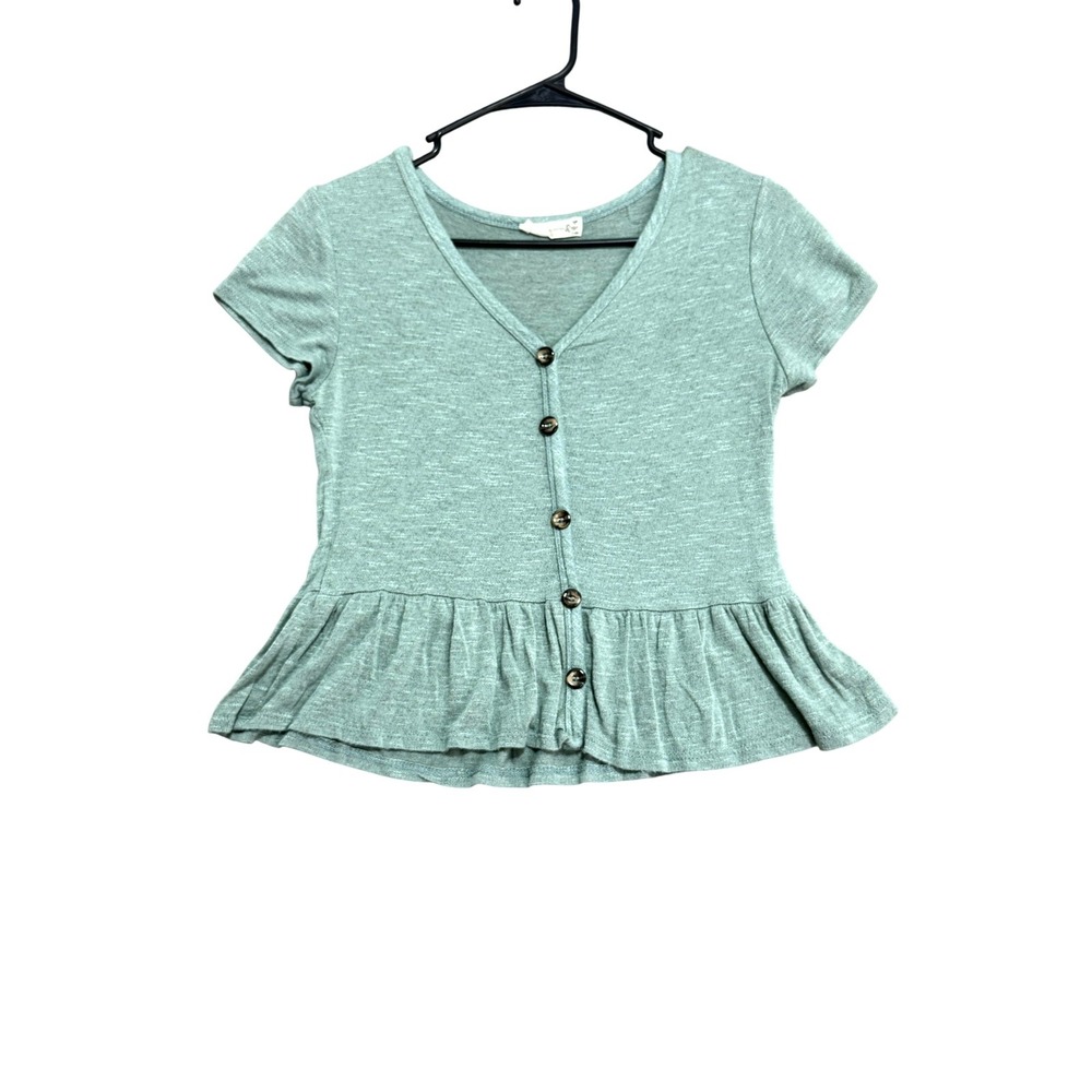 Rose Peplum Shirt Womens Medium Green Button Front V Neck Ruffle Hem Knit